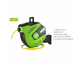 Tambur cu furtun retractabil verde, 22 metri capat de 3/8&quot;